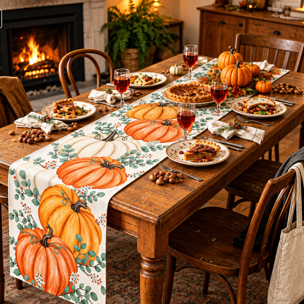 Autumn Pumpkin Maple Leaf Table Runner